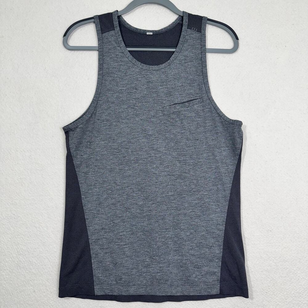 Lululemon Gray Muscle Running Athletic Tank Top Mesh Back Front Pocket Medium